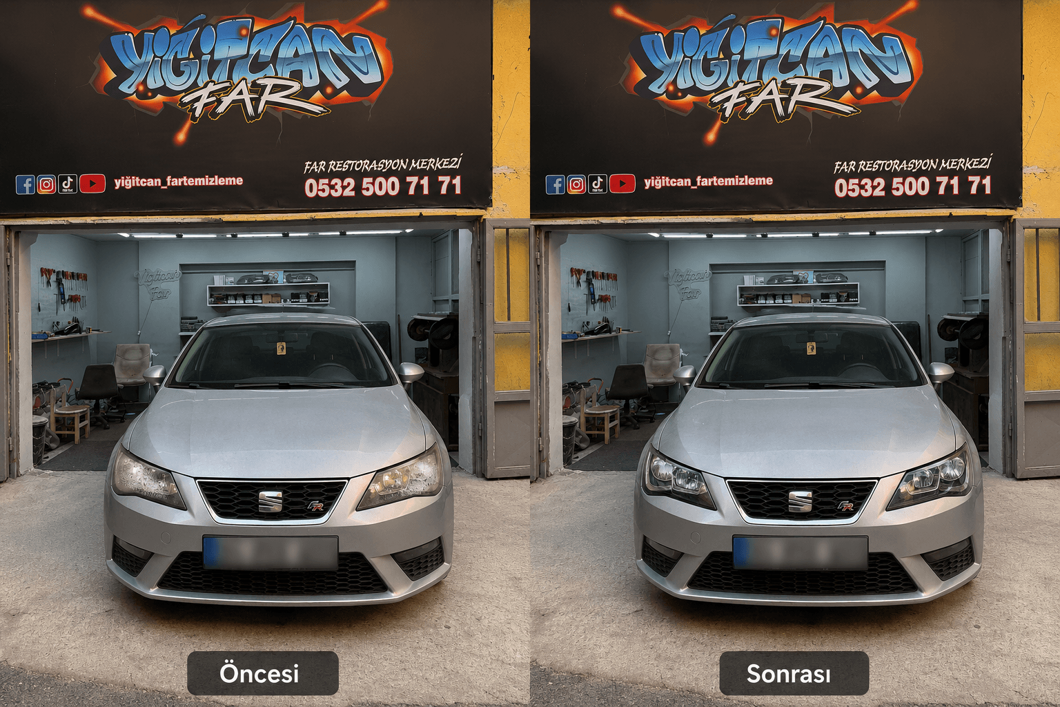 Seat far restorasyonu öncesi ve sonrası — Yiğitcan Far Temizleme