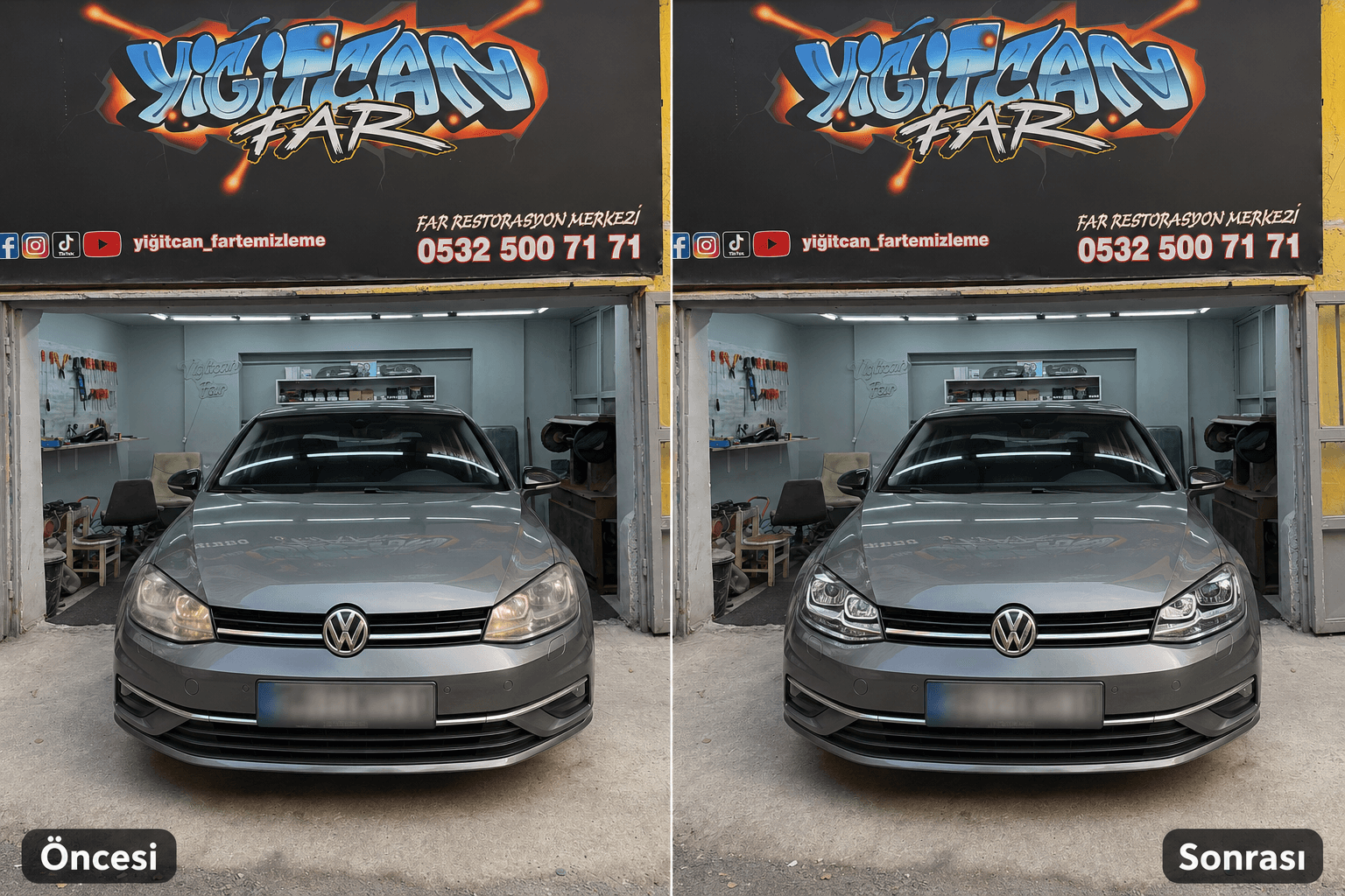 Volkswagen far restorasyonu öncesi ve sonrası — Yiğitcan Far Temizleme
